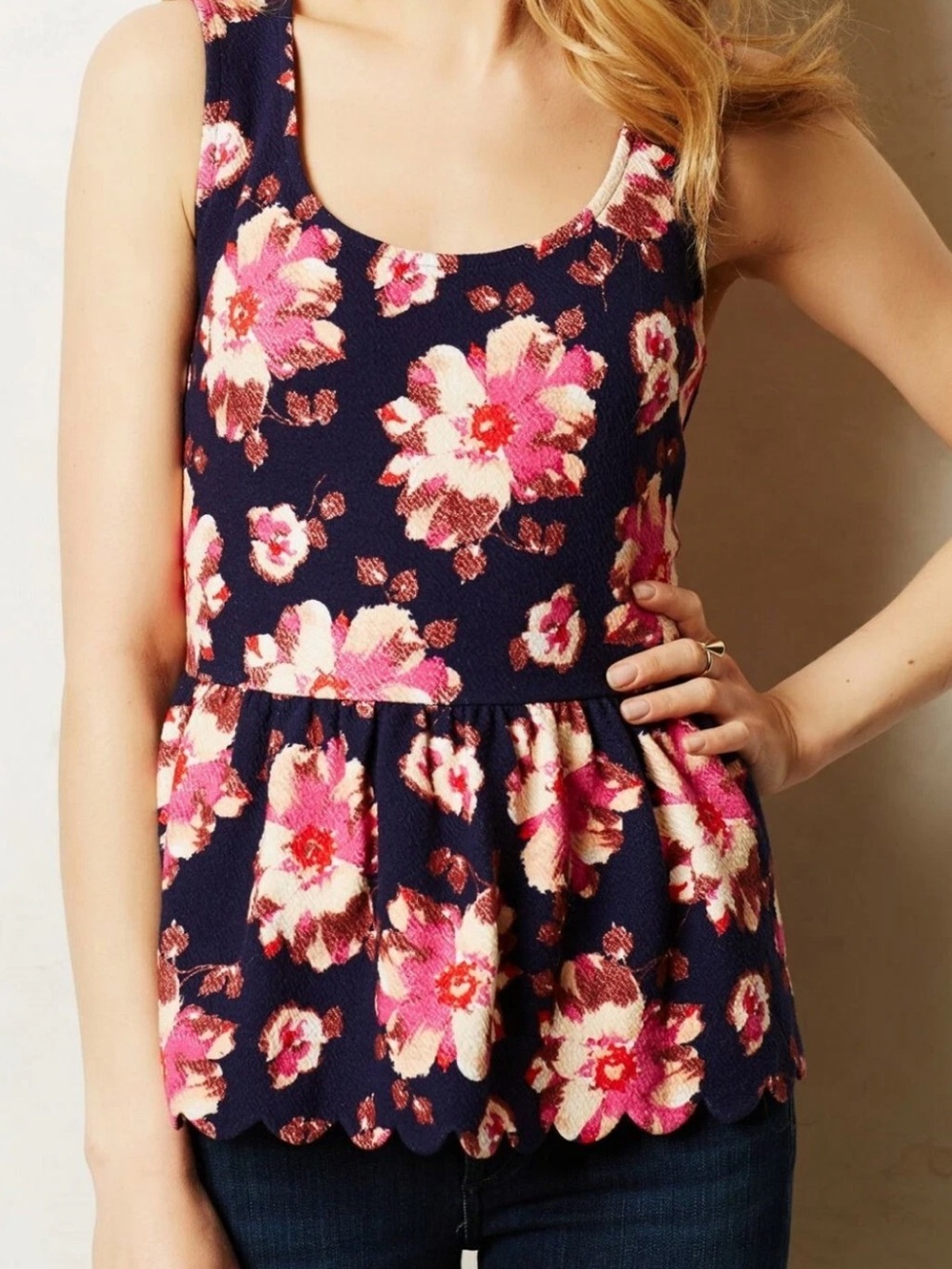Anthropology Postmark Floral Clovelly Tank Top Peplum Peekaboo Back XS Scalloped